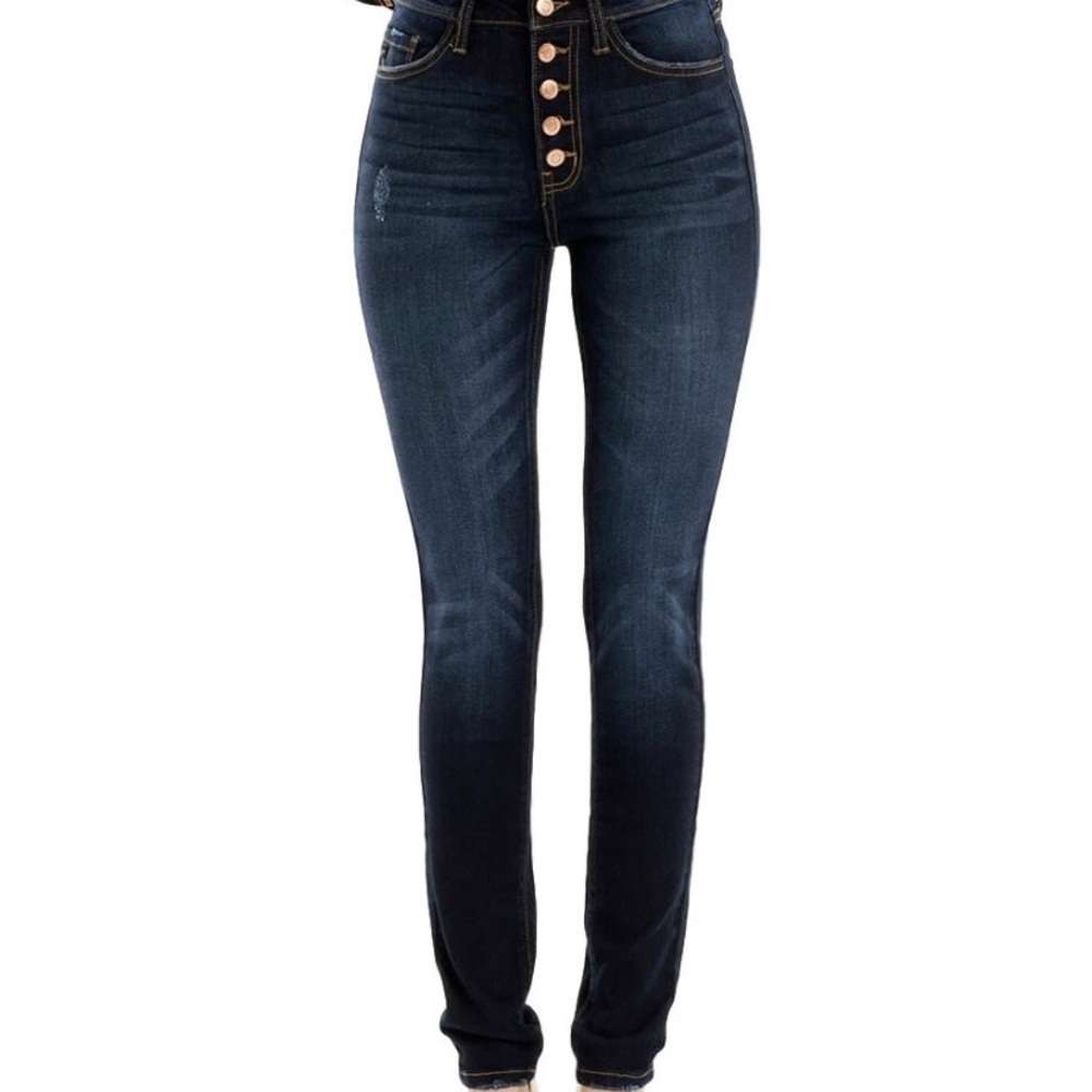 Exposed button fly stretch jeans size 28/9. Offers